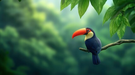 Obraz premium A toucan resting on a branch in the middle of a lush rainforest, vibrant colors 
