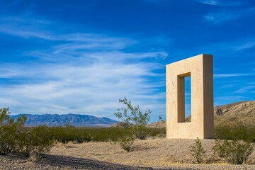 Obraz premium Modern Desert Art Installation Frames Scenic Mountain Vista.
