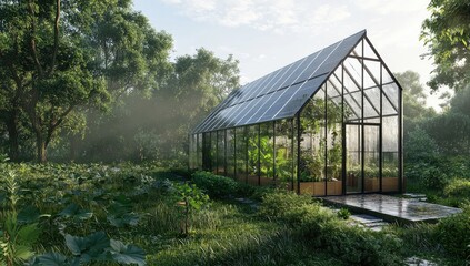 Obraz premium Modern greenhouse in misty forest garden