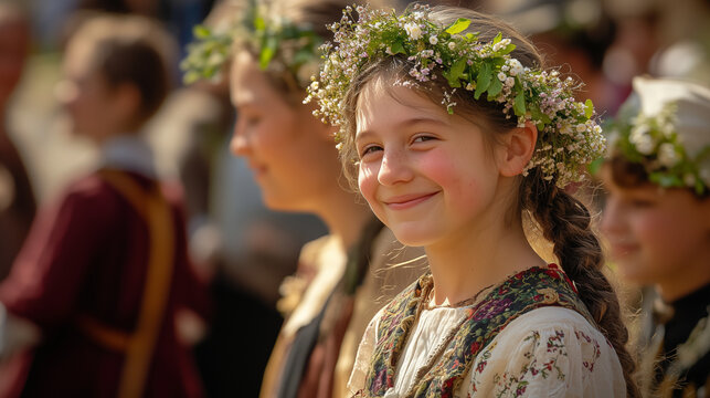 Oak Apple Day, People in traditional English dress wearing small oak apple blossoms on their clothes, Ai generated images