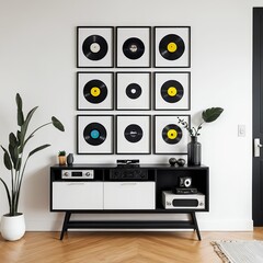 Modern Living Room with Vinyl Records Wall Art and Retro Stereo