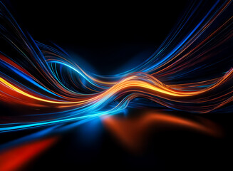 Abstract image of vibrant light streaks in blue and orange hues, creating dynamic waves against a dark backdrop, suggesting motion and energy.