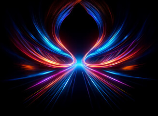 Symmetrical, vibrant light trails of blue, red, orange, and purple emanate from a central point against a black backdrop. Abstract design evokes energy, resembling wings or flames.