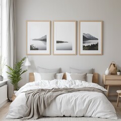 Scandinavian Bedroom Interior with Triptych Landscape Prints