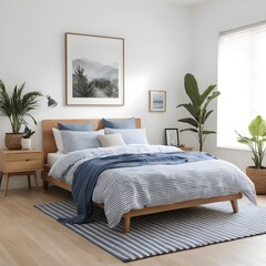 Fototapeta premium Modern Bedroom Interior with Striped Bedding and Natural Decor