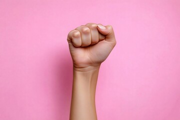 An empowering image of a raised clenched fist on a pastel pink background, perfect for celebrating women's rights or marketing campaigns focused on girl power.