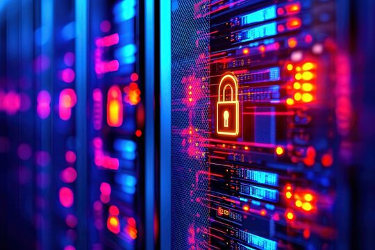 Secured data center protected against hackers. Vibrant server room with digital lock symbol representing cybersecurity. - Powered by Adobe