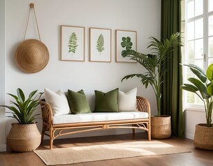 Relaxing Bohemian Living Room Interior with Rattan Sofa and Tropical Plants
