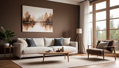 Obraz premium Modern Living Room Interior with Brown Walls and Large Window