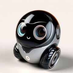  small, white robot with bright blue eyes sits.
