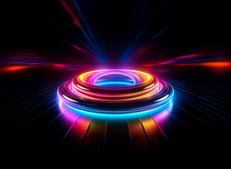 Obraz premium A vibrant, glowing circular object emits bright rays of light against a stark black backdrop, creating a futuristic and abstract visual.