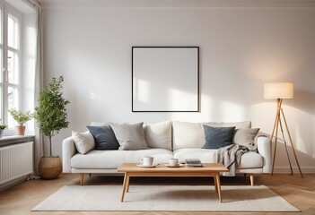 Cozy Living Room Interior with Blank Canvas