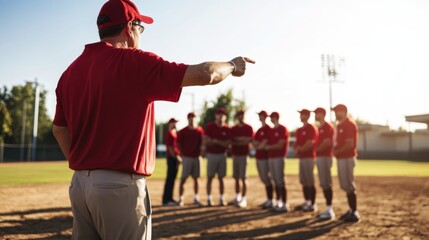 Baseball playoffs with a coach giving instructions to the team. Featuring leadership and strategy