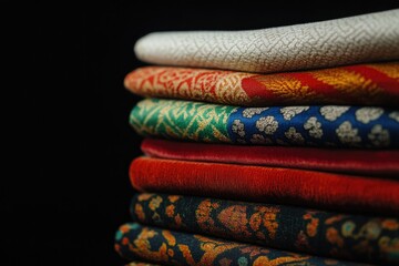 Vibrant textiles stacked together showcase intricate patterns an