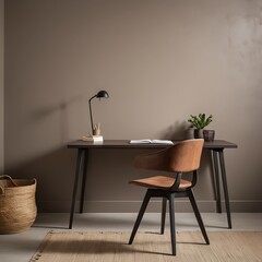 Minimalist Home Office Workspace with Brown Desk and Leather Chair