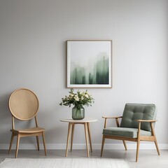 Modern Living Room Interior with Green Armchair and Wooden Chair
