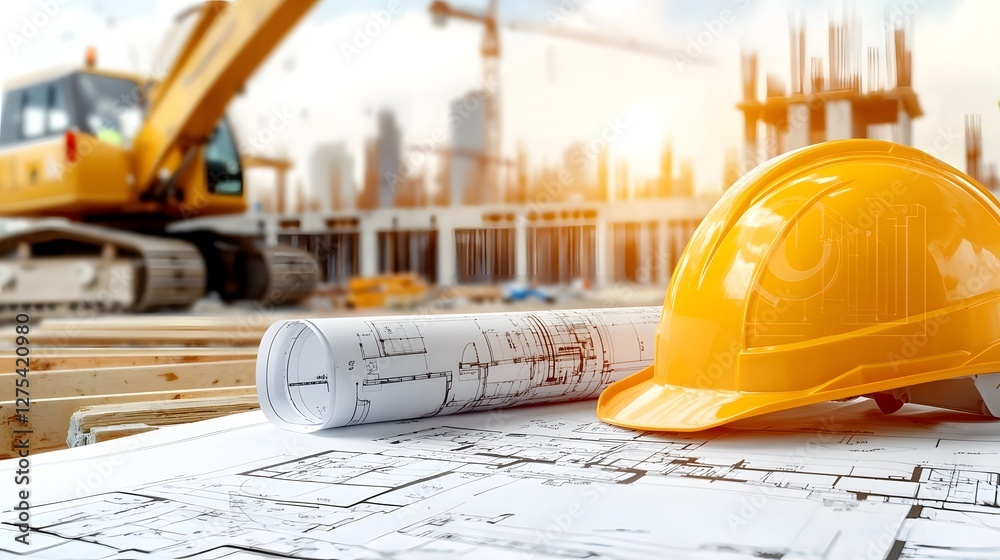 Aufkleber Construction Site with Blueprints and Hardhat on Concrete Foundation Representing Teamwork and Progress in the Building Industry