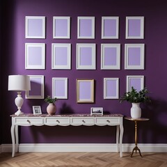 Purple Wall Gallery with White Frames and Console Table