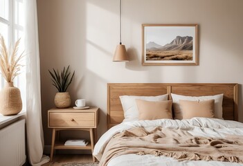 Cozy Beige Bedroom Interior with Wooden Bed and Natural Decor