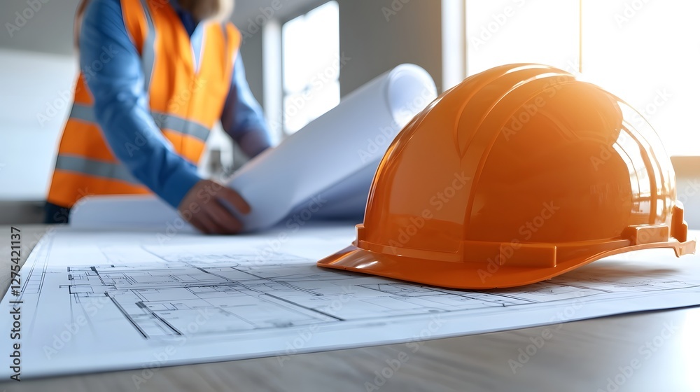Poster construction foreman and structural engineers standing over a large blueprint spread on a table coll