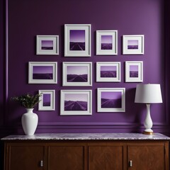 Fototapeta premium Purple Wall Gallery with Landscape Photos and Table Lamp