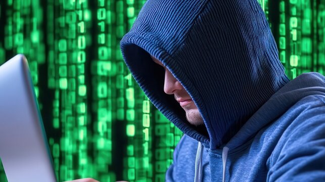 Secured data center protected against hackers. Hacker working on a laptop with a green binary code background.