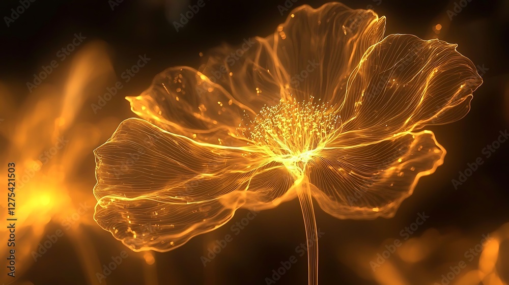 Poster abstract glowing golden flower in dark background. possible stock photo use showcasing digital art o