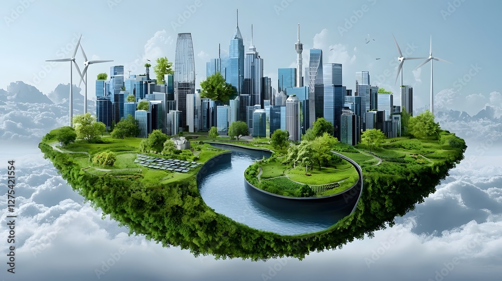 Aufkleber Futuristic eco friendly floating metropolis hovering among the clouds seamlessly integrating cutting edge technology and sustainable living  The city is adorned with wind turbines solar energy farms