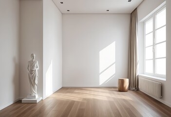 Minimalist Empty Room Interior with Statue and Sunlight