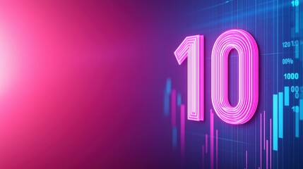 Colorful number ten illuminated against a vibrant digital backdrop with data patterns and graphs, 3d illustration.