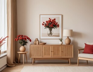 Modern Living Room Interior with Wooden Cabinet and Red Flowers