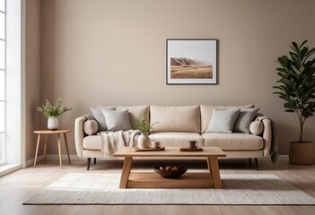 Modern Beige Living Room Interior with Wooden Coffee Table