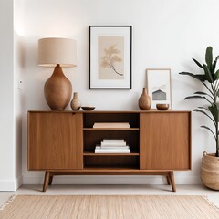 Mid-Century Modern Sideboard with Decor in Minimalist Living Room