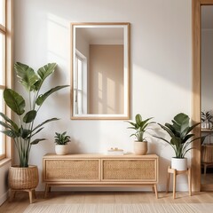 Modern Minimalist Entryway with Plants and Wooden Console Table