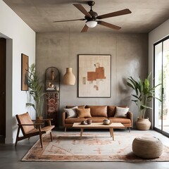 Fototapeta premium Modern Minimalist Living Room Interior with Leather Sofa and Neutral Tones