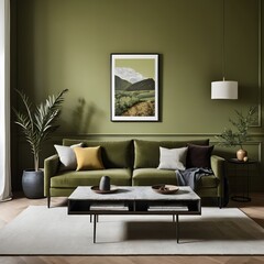 Modern Living Room Interior with Green Sofa and Mountain Landscape Art