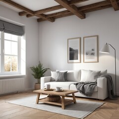 Fototapeta premium Cozy Living Room Interior with White Sofa and Wooden Beams