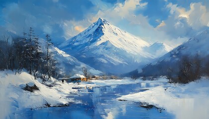 Snowy mountain village winter scene