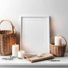 White Candles and Wicker Baskets with Blank Frame Mockup