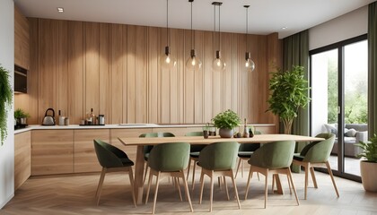Modern Minimalist Kitchen Dining Room with Green Chairs and Wooden Accents
