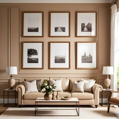Beige Leather Sofa in Elegant Living Room with Gallery Wall