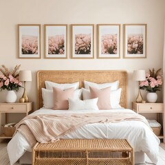Cozy Bedroom Interior Design with Rattan Bed and Blush Accents