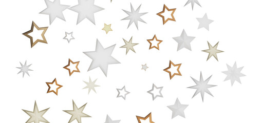 A collection of abstract stars in various shades of white, gold, and bronze against a black background.