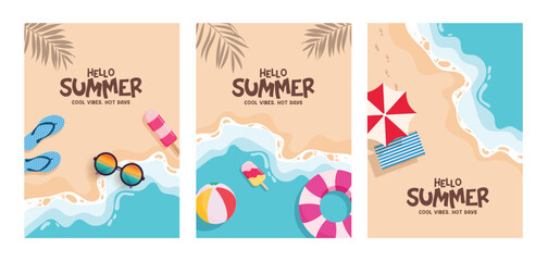 Hello summer beach clipart poster set. Summer greeting text in seaside beach background clip art for sunny day postcard template collection with tropical elements vector illustration.
