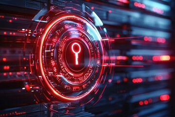 Obraz premium Secured data center protected against hackers. Futuristic keyhole with glowing red elements on a digital background.