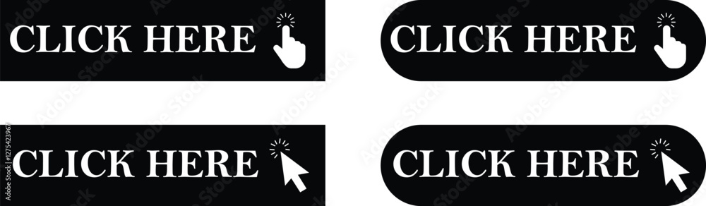 Poster click here button with arrow and hand cursor flat icons set. web button with action vectors. ui butt
