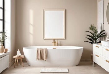Modern Beige Bathroom Interior with Freestanding Tub and Mockup Frame