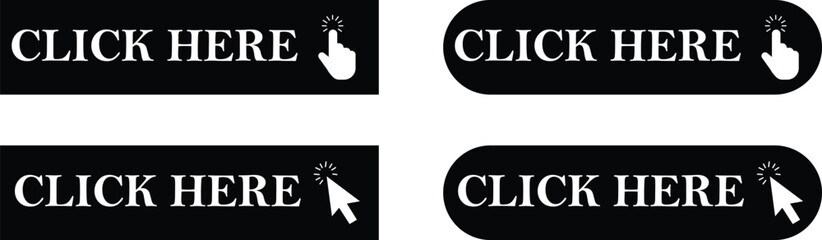 Click here button with arrow and hand cursor flat icons set. Web button with action vectors. UI button concepts. Illustration for website designs and mobile app isolated on transparent background.