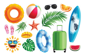 Summer elements clipart set. Summer beach elements collection for outdoor adventure trip like luggage bag, surfboard, inflatable ring and tropical objects clip art vector illustration.

