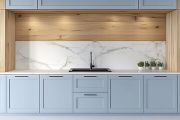 Modern light blue kitchen with wooden wall and marble countertop